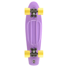 Purple skateboard underside with black trucks and yellow wheels