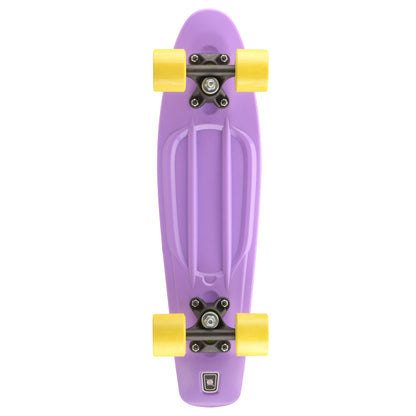 Purple skateboard underside with black trucks and yellow wheels