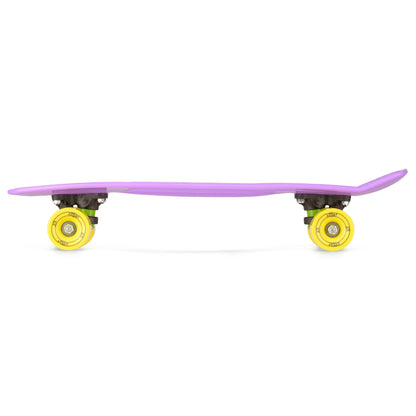 Purple skateboard with yellow wheels in a side profile view