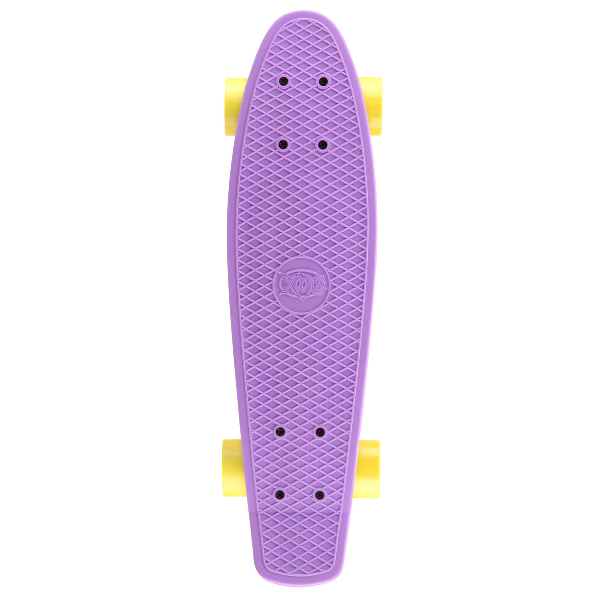 Purple skateboard grip deck with yellow wheels, rear view