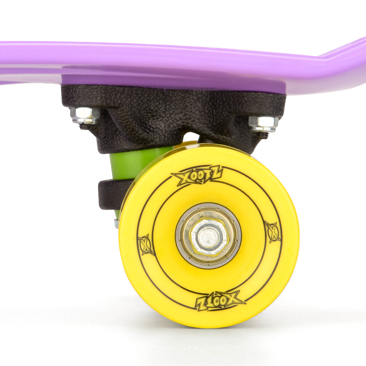 Yellow skateboard wheel with black truck and purple deck edge