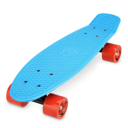 Blue plastic skateboard with textured deck and orange wheels