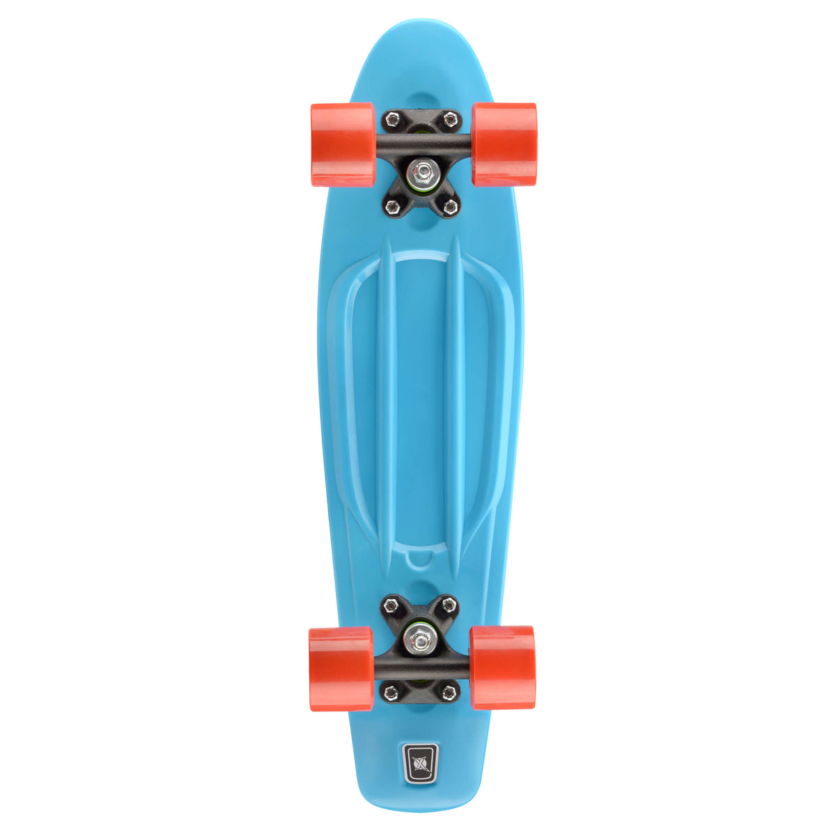Blue skateboard underside with black trucks and orange wheels