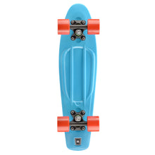 Blue skateboard underside with black trucks and orange wheels