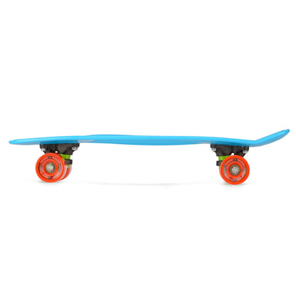Blue skateboard with orange wheels, side view