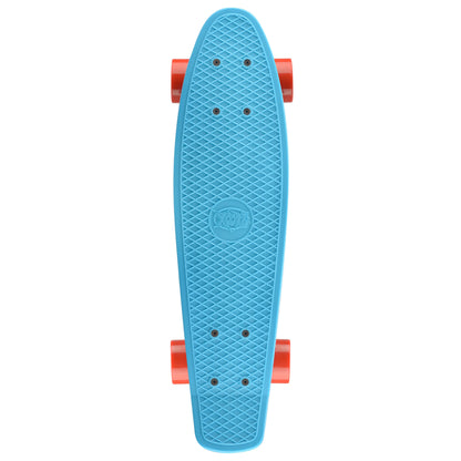 Blue skateboard deck with diamond grip texture and orange wheel mounts