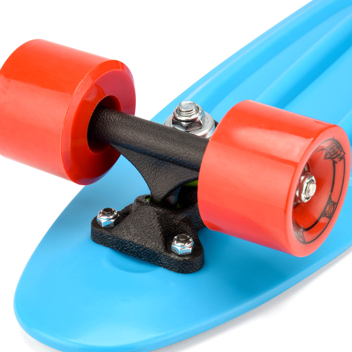 Close-up of blue deck with black trucks and orange wheels
