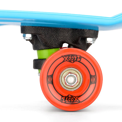Front wheel close-up with orange PU wheels and black truck hardware