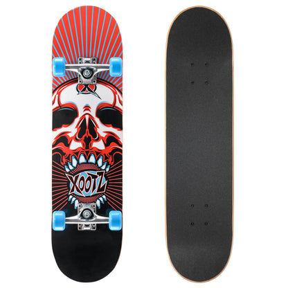 Skateboard deck with skull graphic, red-and-black stripes, blue wheels, and silver trucks