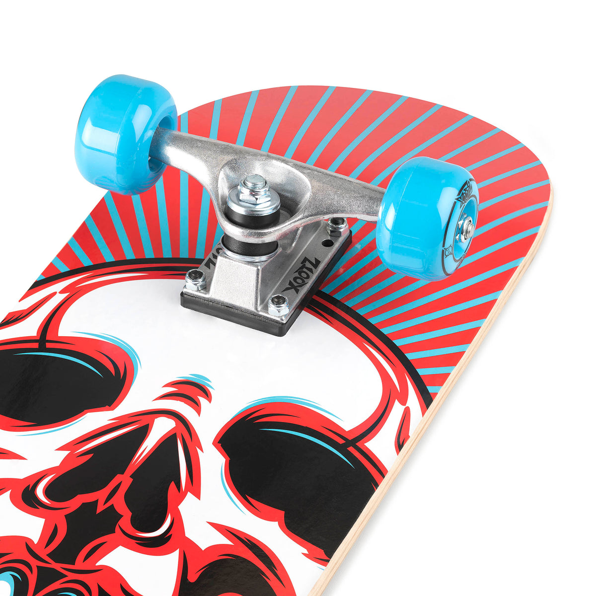 Skateboard deck with skull artwork and red-and-blue stripe pattern, blue wheels