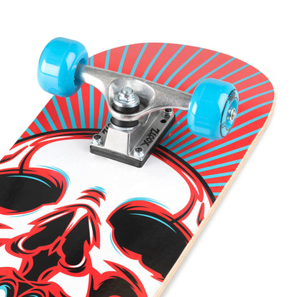 Skateboard deck with skull artwork and red-and-blue stripe pattern, blue wheels
