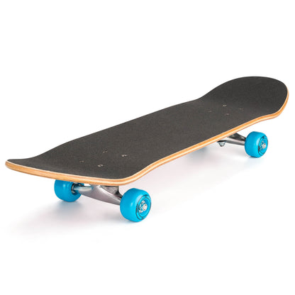 Skateboard deck underside in dark finish with natural wood edge and blue wheels