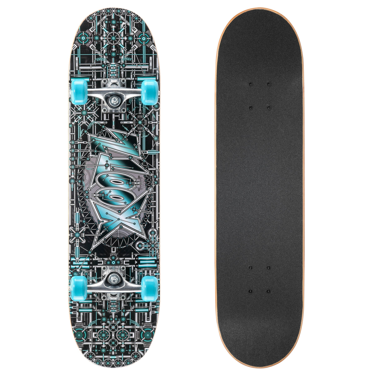Skateboard deck with graphic underside, teal wheels, and dark grip surface