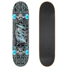 Skateboard deck with graphic underside, teal wheels, and dark grip surface