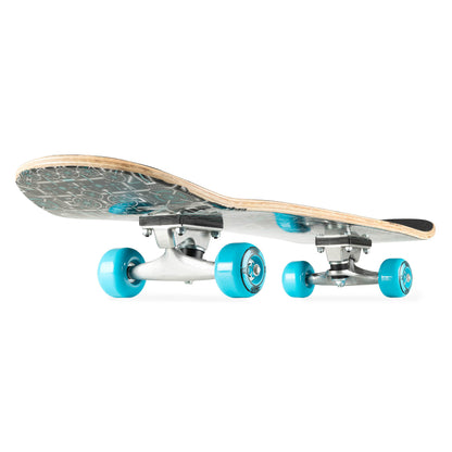 Complete skateboard with maple deck, teal wheels, and metal trucks