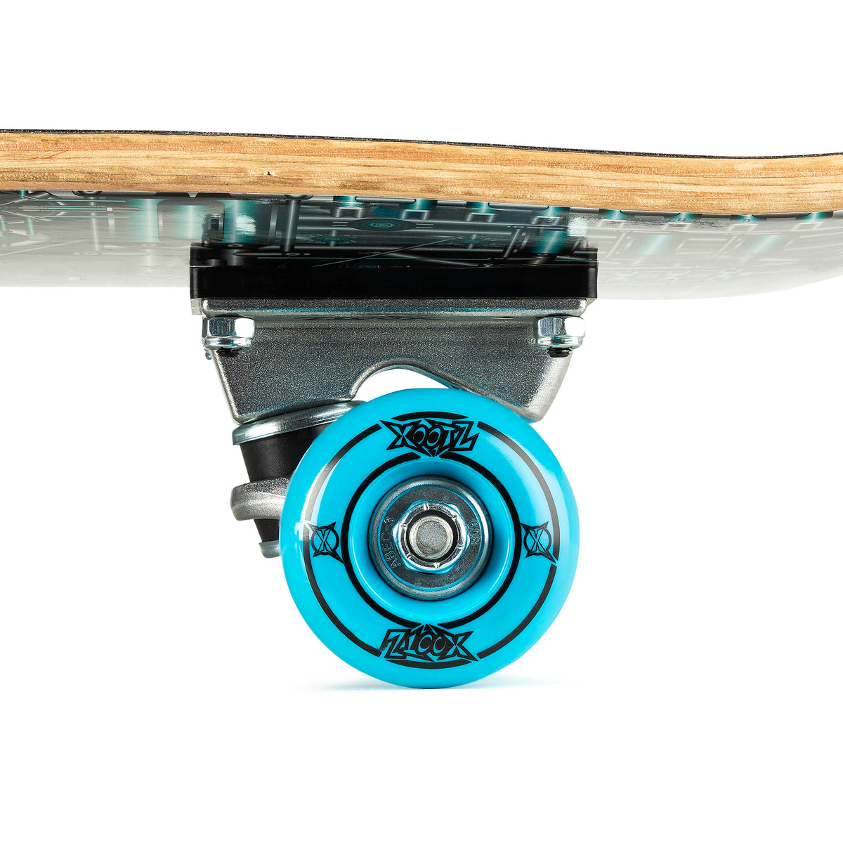 Skateboard front truck with teal wheel and underside graphic deck