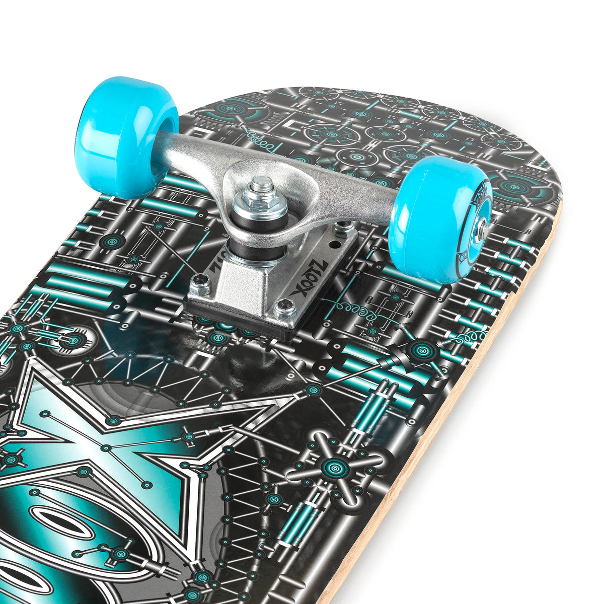 Skateboard top deck close-up with teal wheels and circuit-style graphic