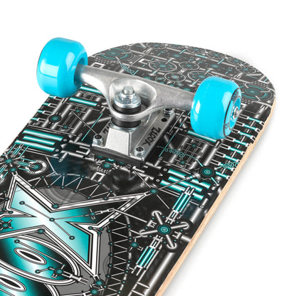 Skateboard top deck close-up with teal wheels and circuit-style graphic