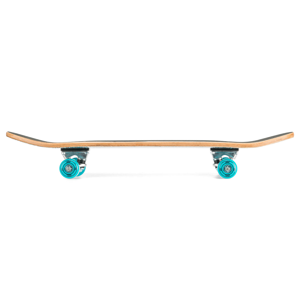 Skateboard side view showing maple deck edge, teal wheels, and trucks