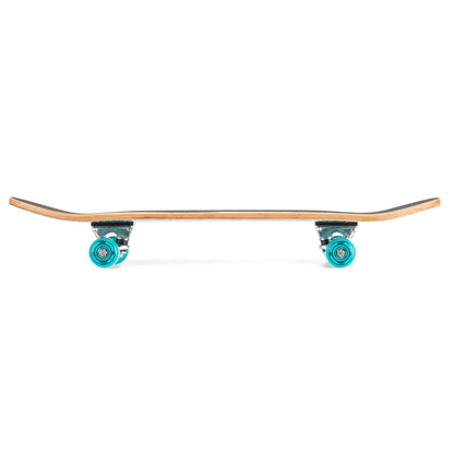 Skateboard side view showing maple deck edge, teal wheels, and trucks