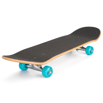 Skateboard with dark top grip, orange deck trim, and teal wheels
