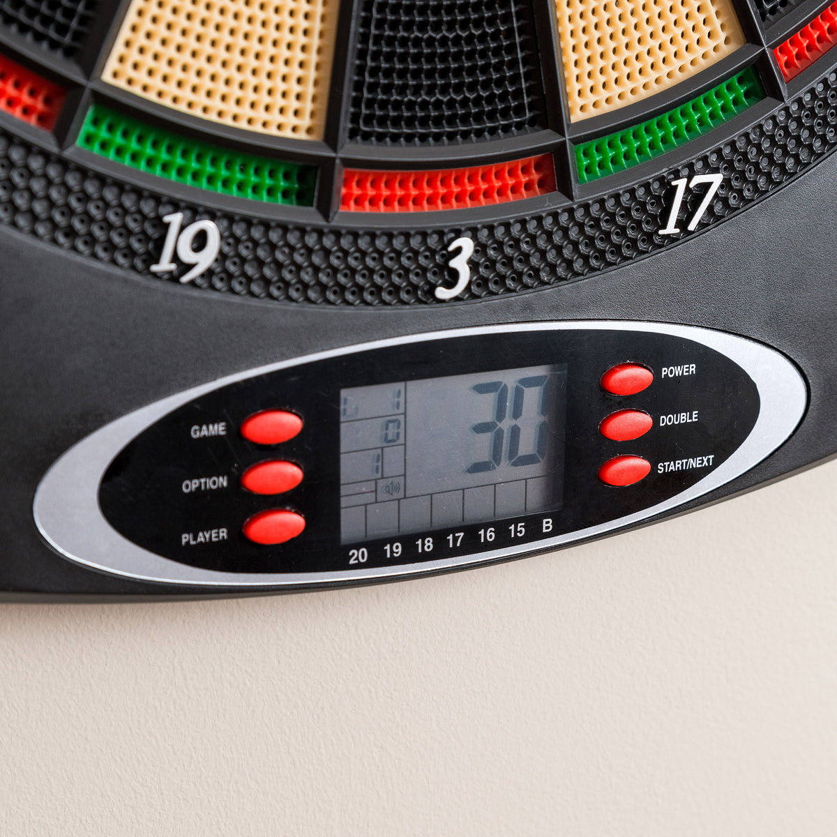 Electronic dartboard control panel with GAME, OPTION, PLAYER buttons and display