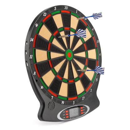 Electronic dartboard with multicolor scoring rings, darts in place, and digital display