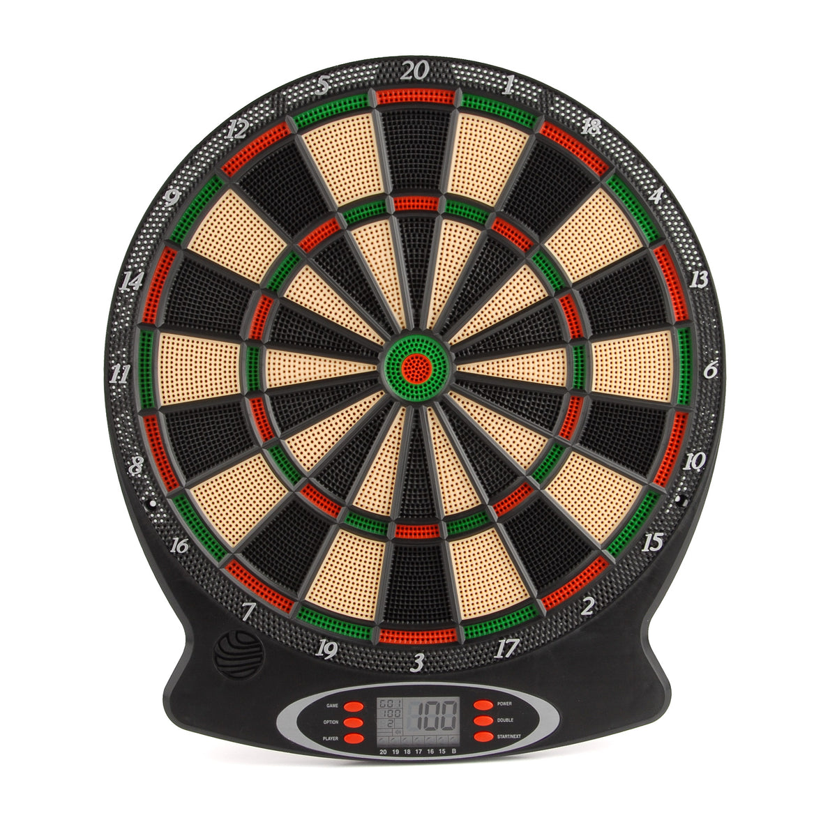 Electronic dartboard front view with numbered rings and base control panel