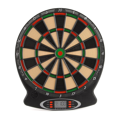 Electronic dartboard front view with numbered rings and base control panel
