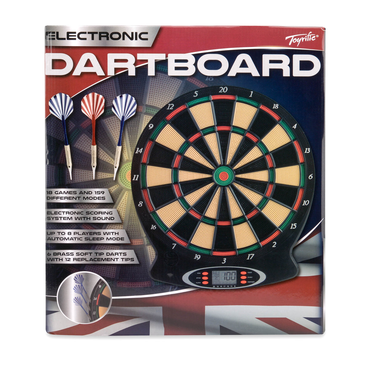 Toryfire electronic dartboard retail box with dartboard image and game details