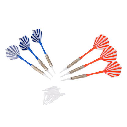 Set of four darts with blue and orange striped flights and metal shafts