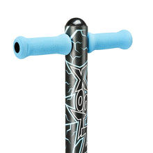 Blue foam handlebar grips on black pogo stick with graphic decal