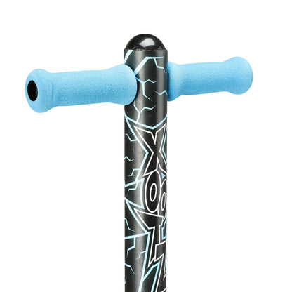 Blue foam handlebar grips on black pogo stick with graphic decal