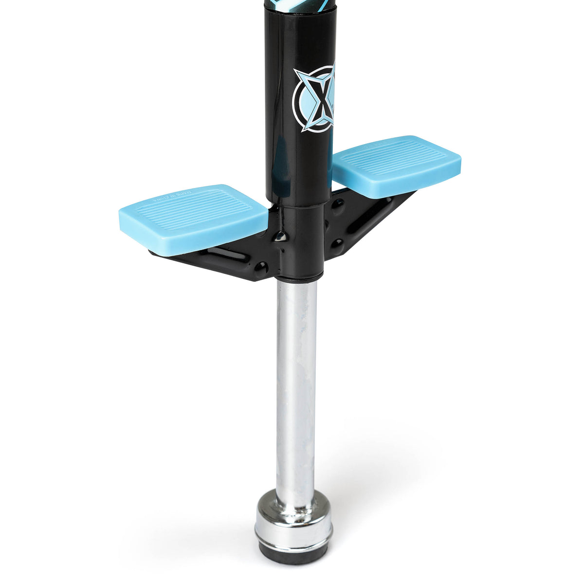 Black pogo stick deck with blue foot platforms and silver spring pole