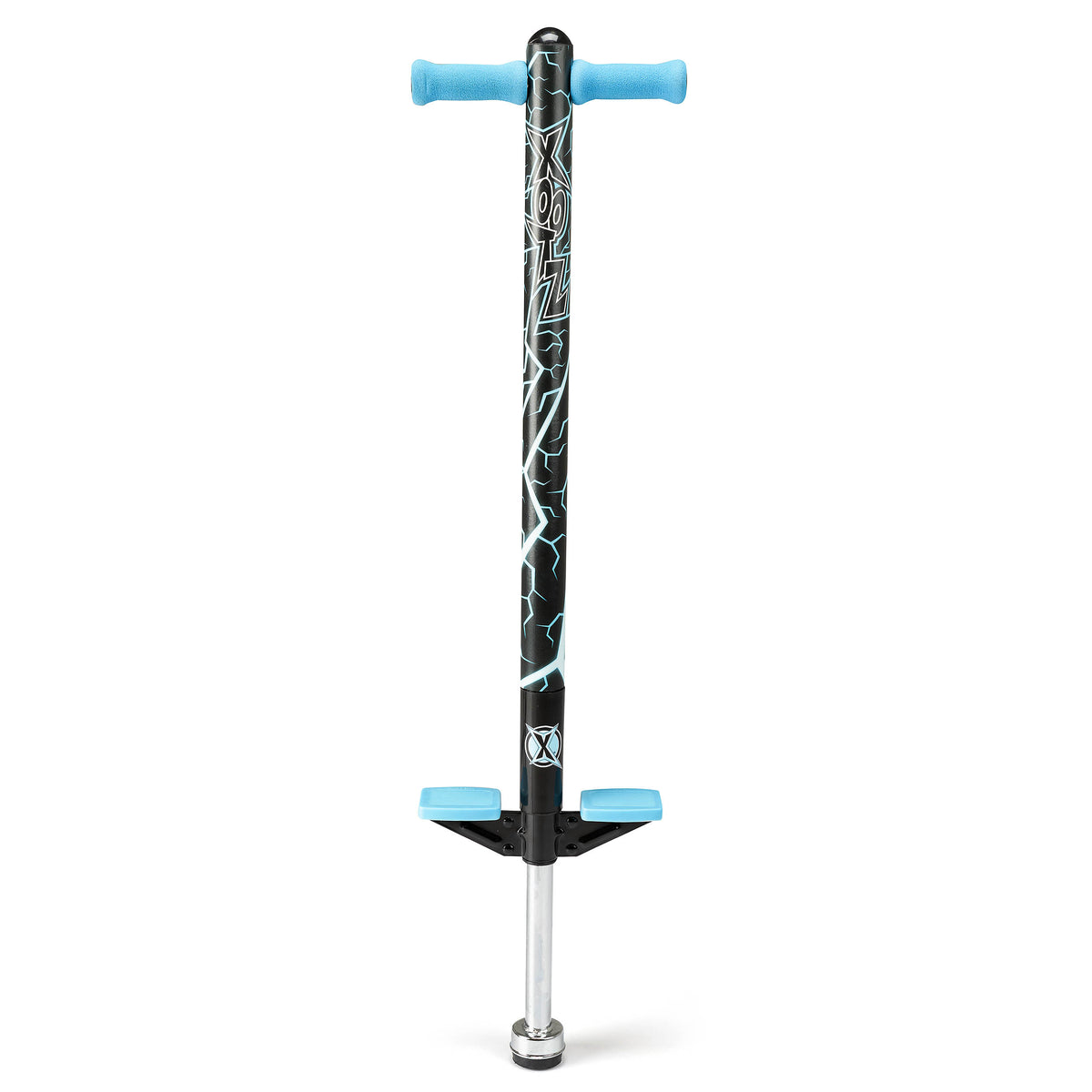 Tall pogo stick with blue handle grips, black graphic frame, silver base