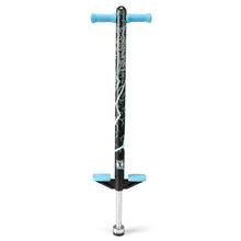 Tall pogo stick with blue handle grips, black graphic frame, silver base