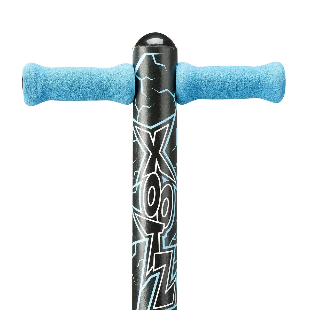 Black pogo stick with blue foam handle grips and white X-pattern graphics