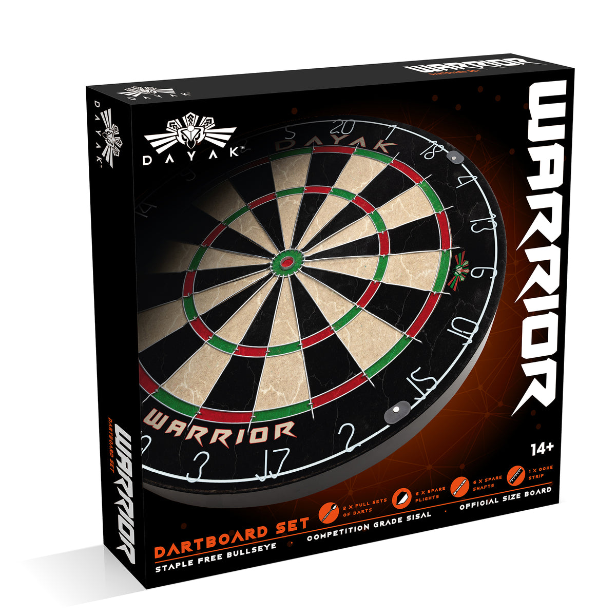 Dayak Warrior sisal dartboard set box with round dartboard target and dartboard text.