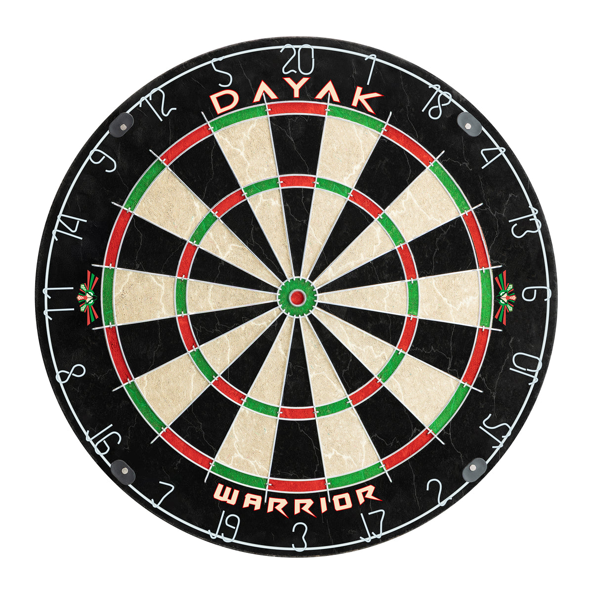 Dayak Warrior dartboard with black target, beige segments, red and green rings, central bull.