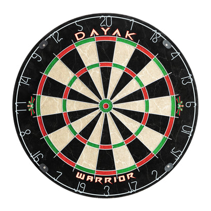 Dayak Warrior dartboard with black target, beige segments, red and green rings, central bull.