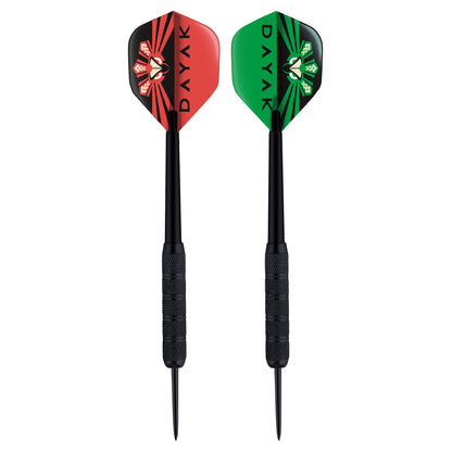 Two darts with red and green Dayak Warrior flights and black shafts with textured grips.