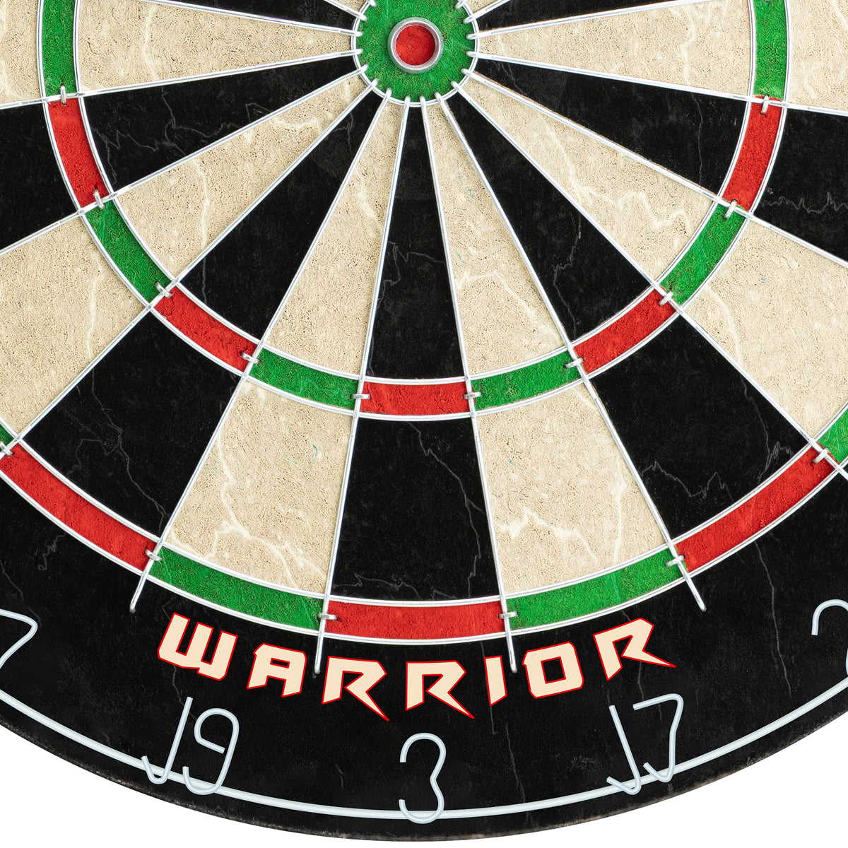 Close-up Dayak Warrior dartboard segments with red and green rim lines and a red bull ring.