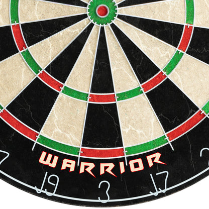 Close-up Dayak Warrior dartboard segments with red and green rim lines and a red bull ring.