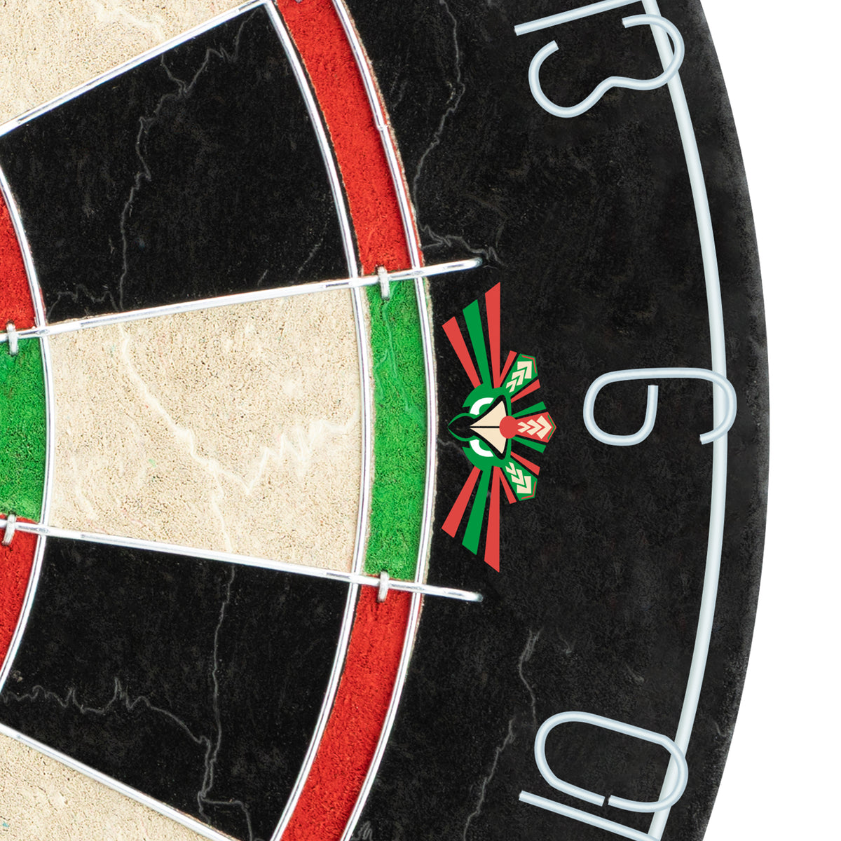 Dayak Warrior dartboard edge with white U-shaped staple holders and a small printed figure.