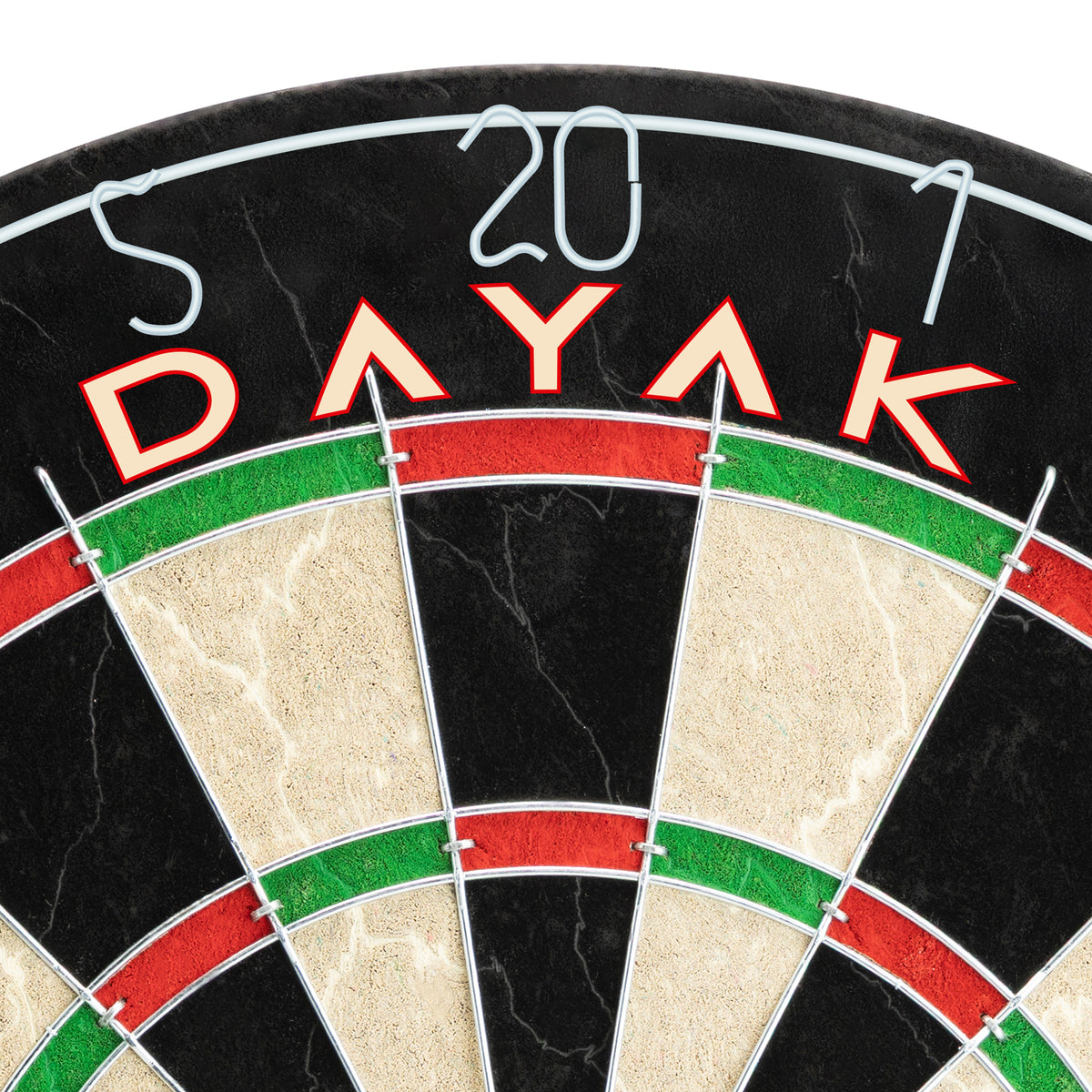 Dayak Warrior dartboard close-up showing red 'DAYAK' text, white number markings, and rings.