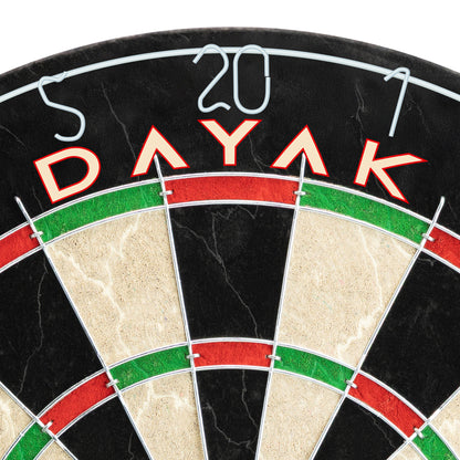 Dayak Warrior dartboard close-up showing red 'DAYAK' text, white number markings, and rings.