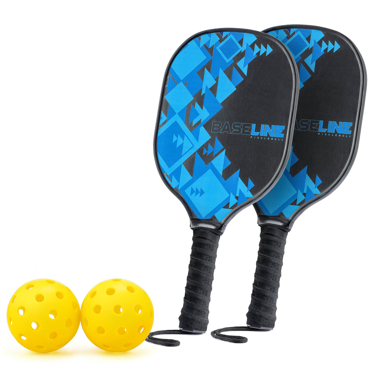 Pair of blue and black pickleball paddles with two yellow balls