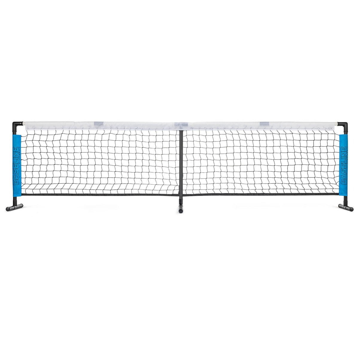 Pickleball practice net with black frame and blue side accents