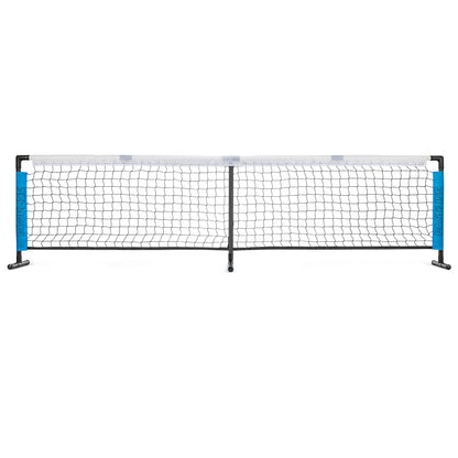 Pickleball practice net with black frame and blue side accents