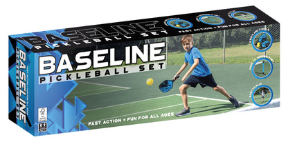 BASELINE pickleball set box packaging with player action graphics
